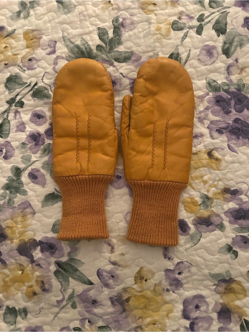 Vintage Genuine Deerskin Leather Mittens, Knit Cuffs | Mustard | Unisex Small